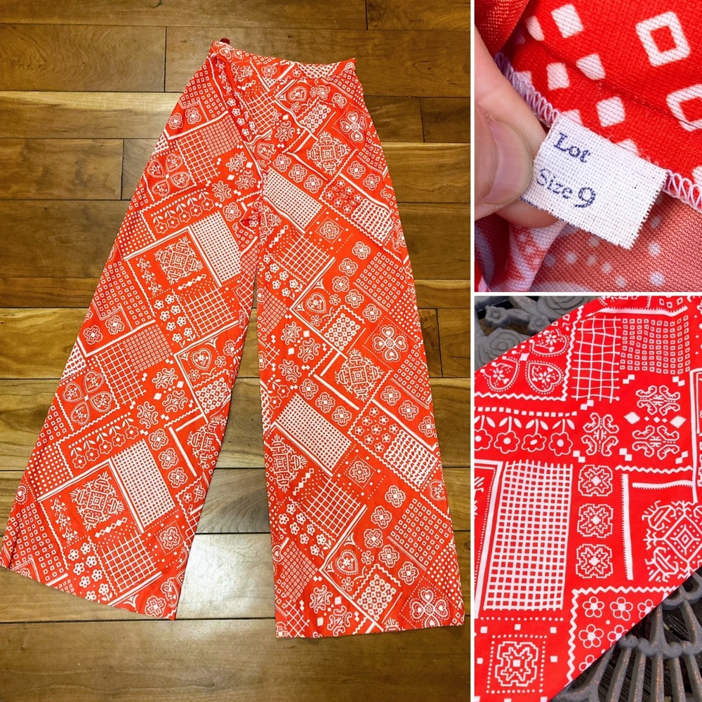 Vintage 1960s 1970s Red White Western Bandana Patchwork Print Wide Pants Sz XXS